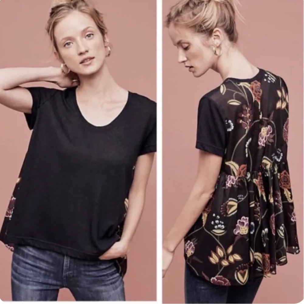 Anthropologie Deletta Womens Top Floral Linen Blend Size S Semi Sheer Shirt